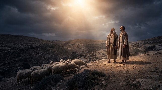 Two shepherds stand on a rocky hill looking at a divine light beam in the Annunciation to the Shepherds, wide shot in a New Testament biblical scene.