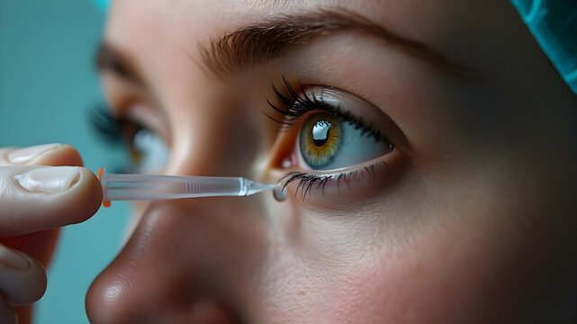 Primer plano de una mujer aplic&aacute;ndose gotas oculares con un dosificador para el tratamiento de ojo seco
