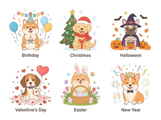 Naklejka premium A collection of cute cartoon dogs celebrating various holidays including birthday Christmas Halloween Valentines Day Easter and New Year.