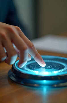 Mano interactuando con un panel de control t&aacute;ctil y futurista con luz digital azul en un entorno moderno