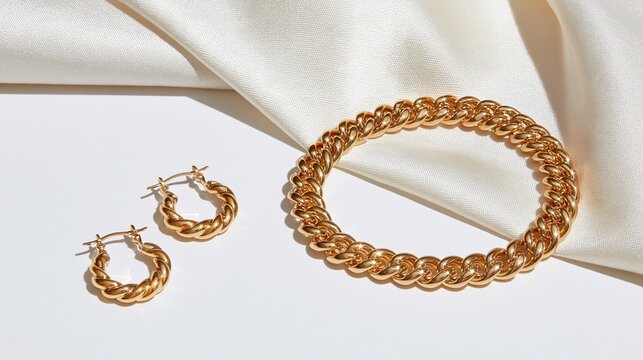 Luxurious thick chain gold choker necklace and matching twisted hoop earrings displayed on soft white silk fabric shows elegant modern gold jewelry design for fashion