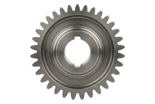 Steel industrial spur gear isolated on black background.