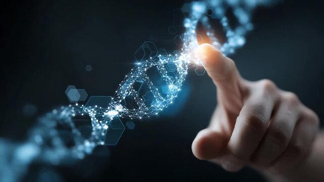 A Finger Touches a Glowing DNA Helix: A close-up shot showcases a human finger touching a luminous, glowing DNA double helix structure.