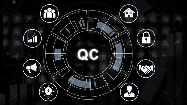 Control qc digital interface concept featuring animated hud and corporate business for assurance management systems and industrial process optimization presentations