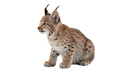 Cute wild fluffy lynx cub puppy sitting looking away isolated on transparent background © Anatoli