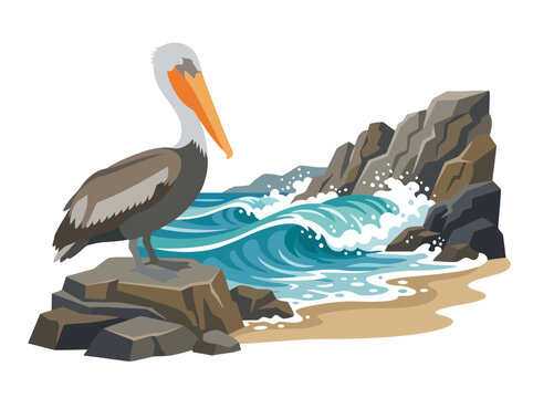 A majestic brown pelican standing on a rocky coastal outcrop.