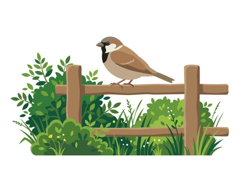 A small brown sparrow perched peacefully on a rustic wooden garden fence.
