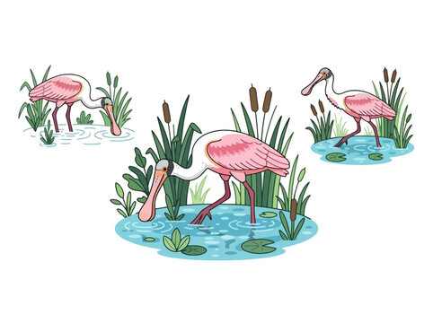 Three roseate spoonbill birds wading in a marshy wetland environment.