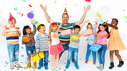 Naklejka premium Group of cheerful multiethnic children celebrating birthday party with dad holding gifts and raising hands under falling confetti against white studio background