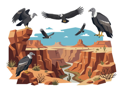 A collection of majestic vultures soaring and perched within a desert canyon landscape.