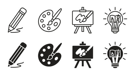 Fototapeta premium Creative art and design concept icons including easel paintbrush palette and lightbulb with creative, paintbrush
