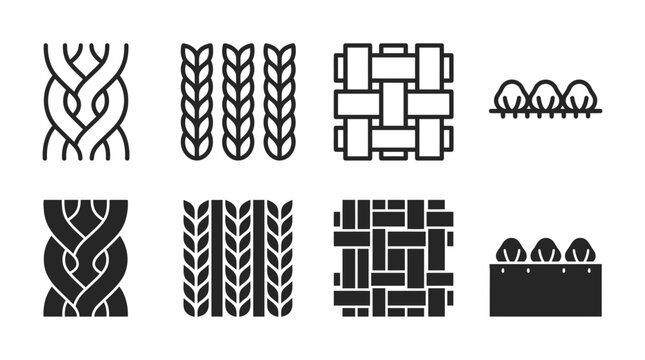 Abstract patterns and textile weave graphic icon set with abstract geometric material structure interwoven creative