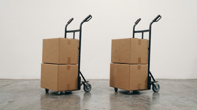 Two hand trucks loaded with cardboard boxes in warehouse isolated on white background, illustration