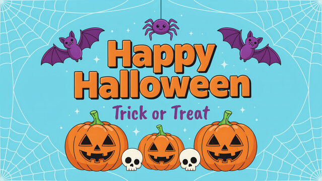 Happy halloween jack o lanterns with pumpkins and bats isolated on white background, illustration