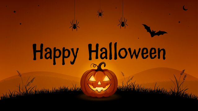Happy halloween pumpkin with bats in orange sky background isolated on white background, illustration