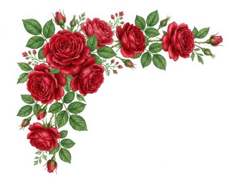 Beautiful red rose flower corner border decoration with green leaves and small buds for wedding invitation and greeting card design isolated on white background , png