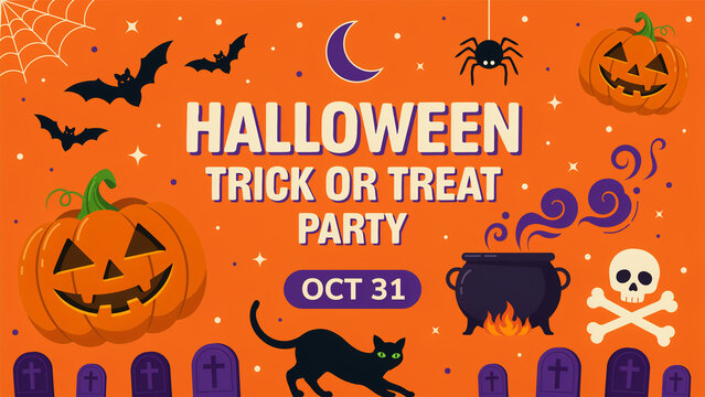 Halloween trick or treat party with jack o lanterns and pumpkins isolated on white background, illustration