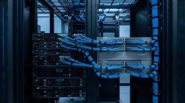Modern data center server racks with blue lighting isolated on white background, illustration