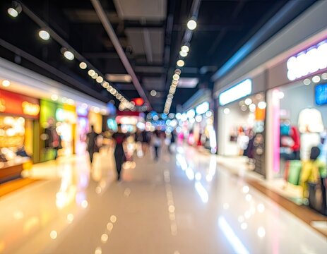 Blurred view of a busy shopping mall corridor with glowing lights and shoppers.