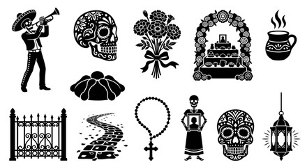Fototapeta premium Dia de los Muertos Mexican Day of the Dead Icon Set.