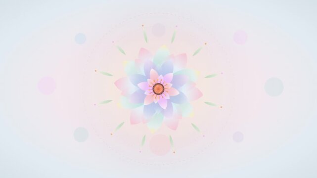 Animated blooming pastel lotus flower mandala blooming on a soft gradient background for meditation and wellness concept.