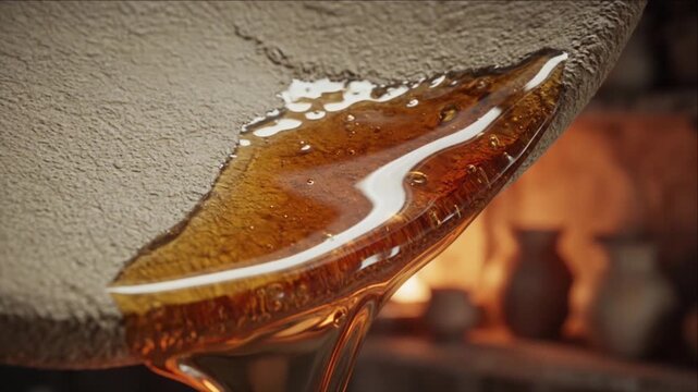 Cinematic macro honey liquid golden flow material sticky texture background detail flowing over rough stone edge warm rustic light creating rich golden abstract pattern soft focus pottery interior