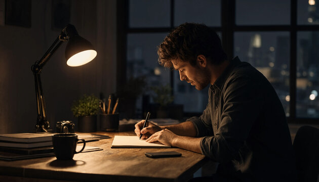 A focused screenwriter man writing in a notebook at a desk lit by a lamp at night.
