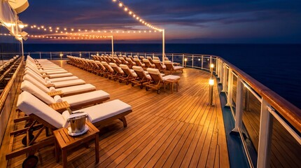 Fototapeta premium Cruise ship experience, a serene luxury cruise deck at dusk, adorned with loungers and a champagne bucket