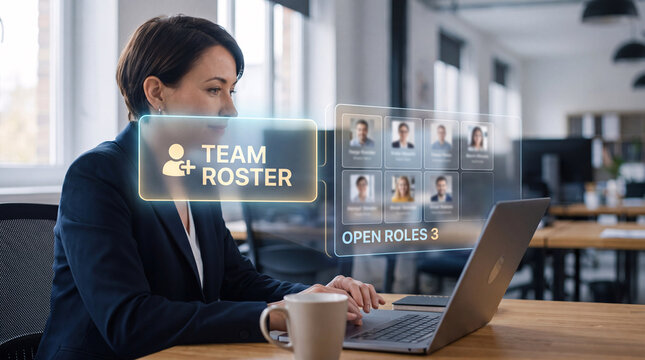 hiring manager holds glowing team roster interface with staff grid and vacancy badge to compare department headcount, verify open position count, and support workforce planning decision