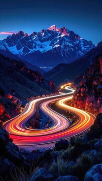 Winding mountain road illuminated by car lights at night.