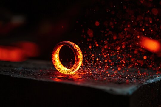 Glowing red hot copper wedding ring being hand forged on blacksmith anvil with dramatic sparks flying against dark background. Unique handcrafted jewelry, artisan metalwork and strength commitment.
