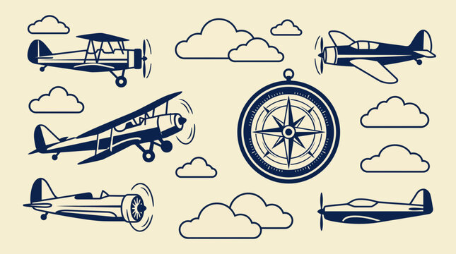 Collection of vintage propeller airplanes and a detailed compass set against a soft background with clouds, celebrating the golden age of aviation and adventurous travel.