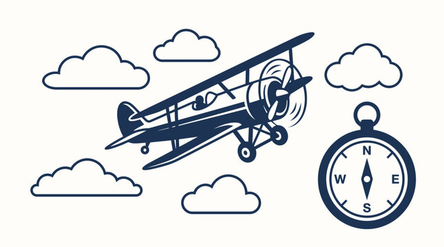 Retro biplane soaring through fluffy clouds with a vintage compass nearby, evoking a sense of adventure, exploration, and classic aviation travel in a stylized graphic.
