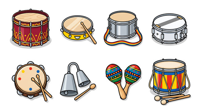 High-quality set of eight playful flat vector carnival percussion icons arranged in two neat rows on pure white background