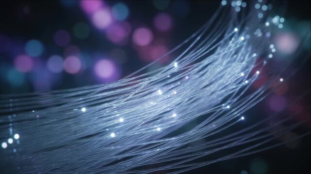 Cinematic macro fiber optic cable texture material background glowing light strand bokeh digital wave futuristic abstract curve soft focus motion dreamy effect technology design network connection