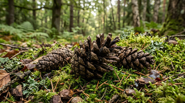 Close up view of pine cones resting on green moss and dry leaves in a forest floor