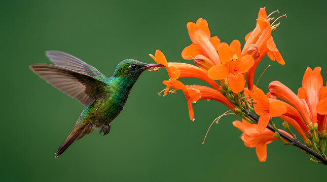 Hummingbird drinking nectar from orange flower. Tiny bird hovering near bright blossoms.