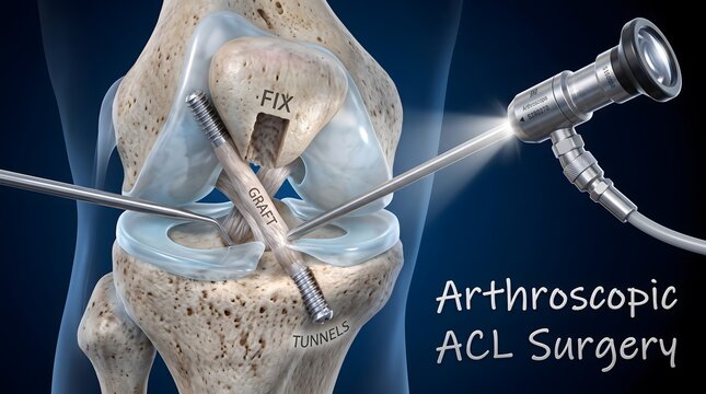 Medical illustration showing arthroscopic knee surgery procedure featuring graft fixation within human bone tunnels
