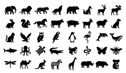Fototapeta premium Flat Animal Silhouette Icon Pack Black Vector Illustration
