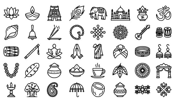 Indian Heritage Outline Icon Collection Editable Stroke Vector Set
