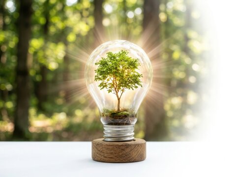 Small green tree growing inside a glowing light bulb on a wooden base with a blurred nature background for eco energy concept isolated on white background , png
