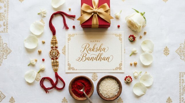 Flat lay of raksha bandhan celebration elements like rakhi roli rice gift and flowers on white background.
