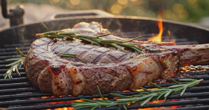 Macro 4K shot of grilled tomahawk steak topped with fresh rosemary. Juicy, tender meat and grill marks captured in delicious HD detail