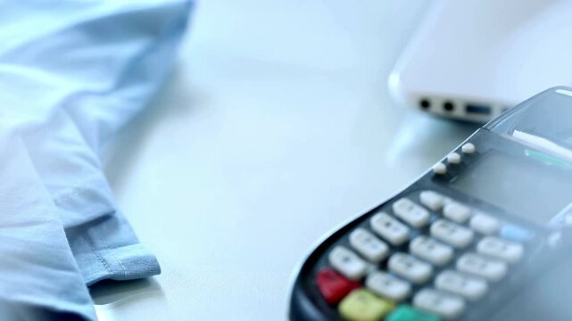 Payment with credit card on modern wireless reader terminal for secure retail shopping transaction in 4K Ultra HD footage

