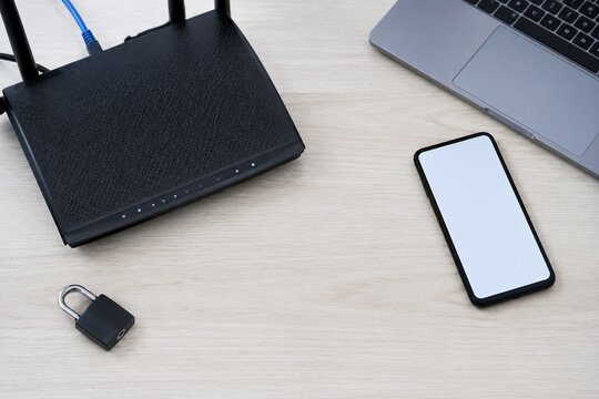 Business network security with WiFi router cable security key and lock
