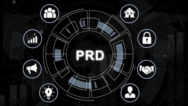 Dynamic prd product requirements document concept with animated digital interface featuring business strategic planning workflow, corporate development, management systems, and modern tech