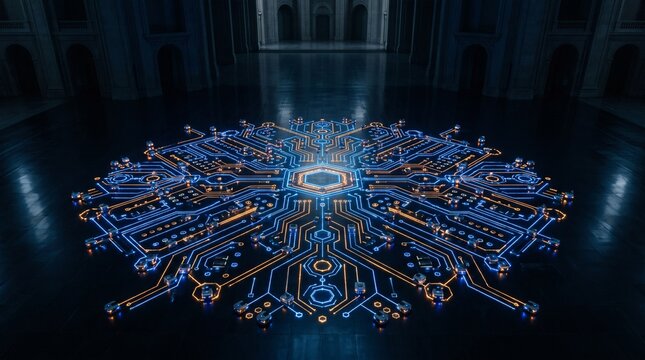 Glowing blue and orange circuit pattern spreading across a dark polished hall floor