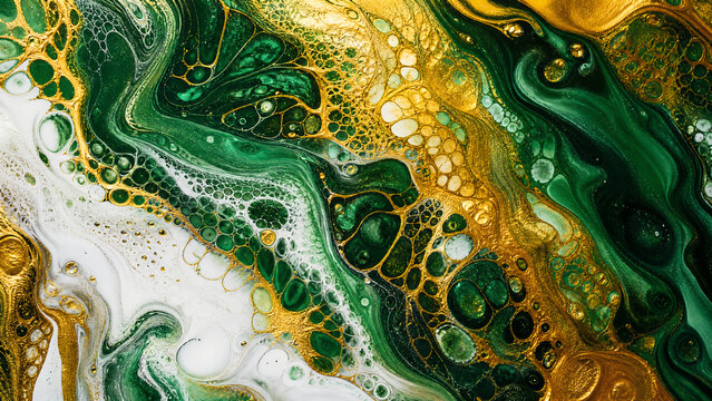Emerald green and gold fluid acrylic art, abstract marble texture with metallic swirls, luxury liquid paint background for elegant branding and interior decor
