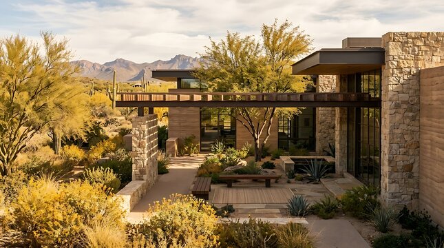 Modern luxury house with patio in the arizona desert landscape with mountains in the background. arizona modern home