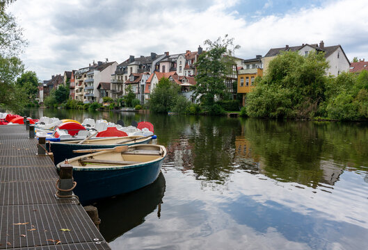 Rowboats on the Lahn River in Marburg, Hesse, Germany &ndash; Scenic Tourism and Travel Concept